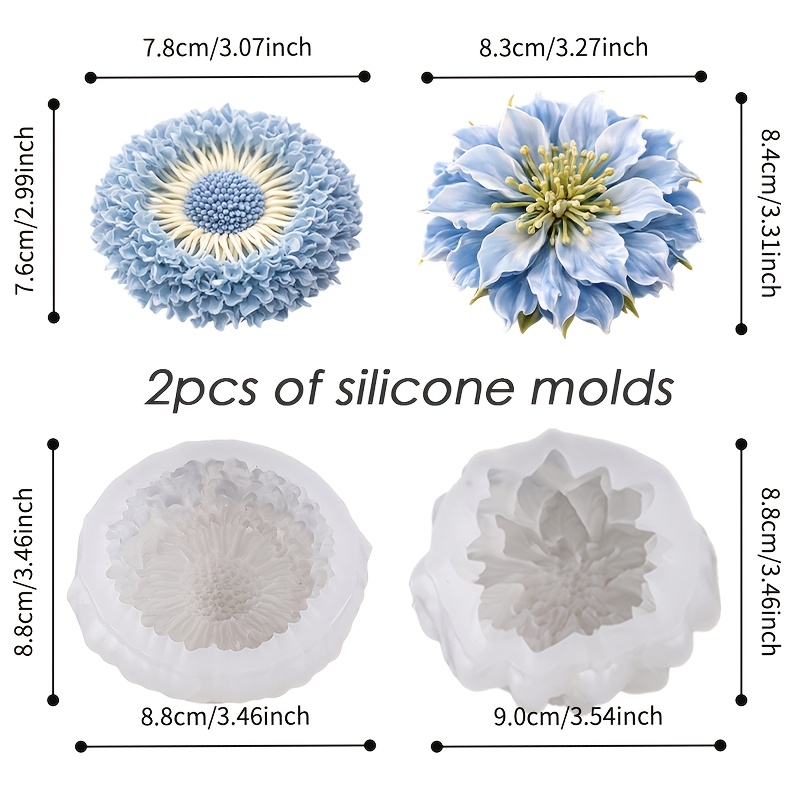 TEMU Fresh Double Flower Mold 2pcs Set, Clay Mold, Featuring Adorable Blue Pansy And Pong Chrysanthemum Designs With Layered Petal Decorations – Easy