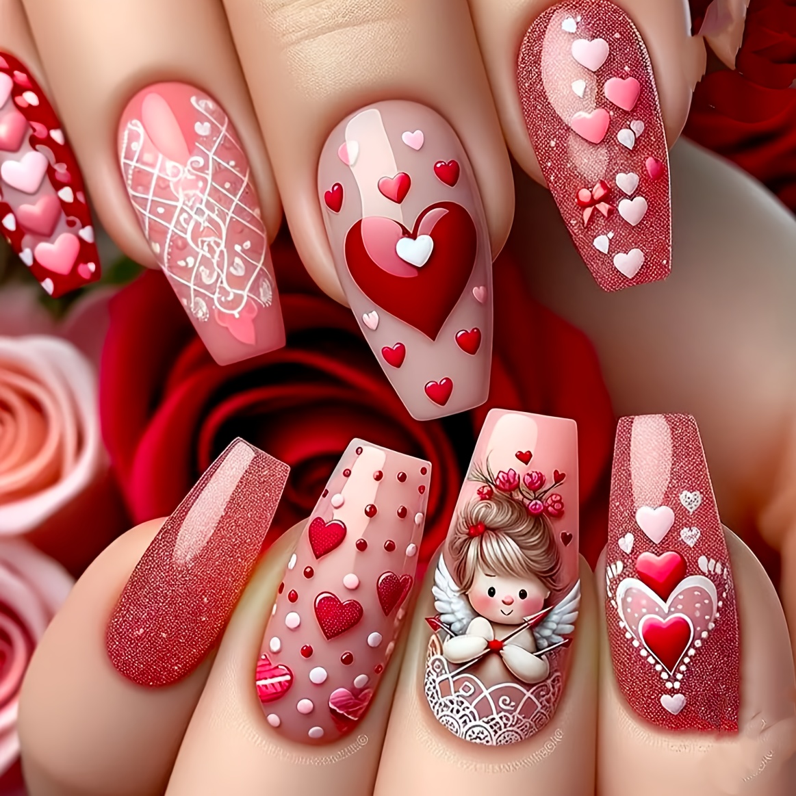 

24pcs Valentine's Day Nail Art Tips Set, Pink & Red Ballet-shaped Medium Length Press-on Nails, , With Heart & Cupid Designs, For Manicure Kit