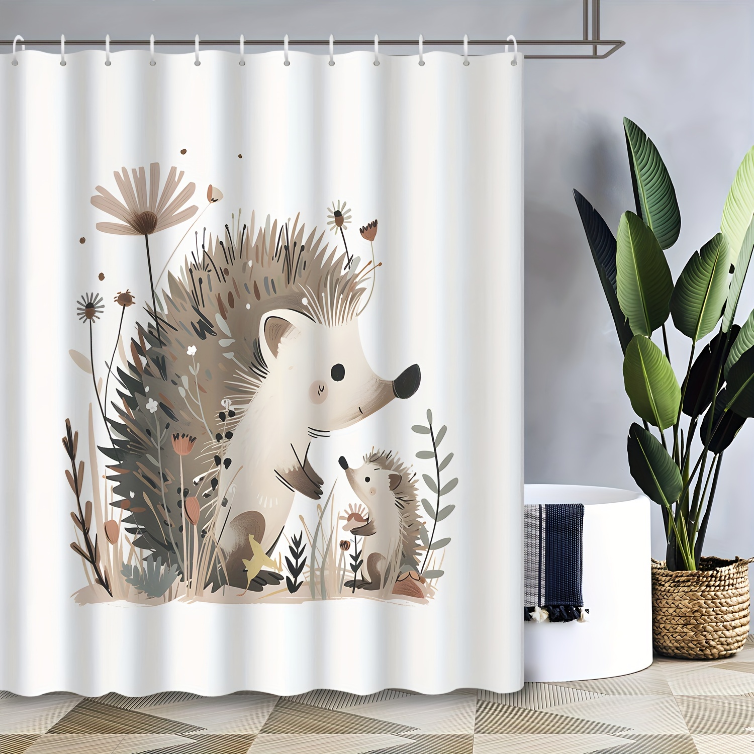 

1pc Cartoon Cute Gray Hedgehog Plant Print Waterproof Shower Curtain Hotel Apartment Toilet Bathroom Shower Curtain Hanging Wall Decoration 72inch*72inch Includes 12 Hooks