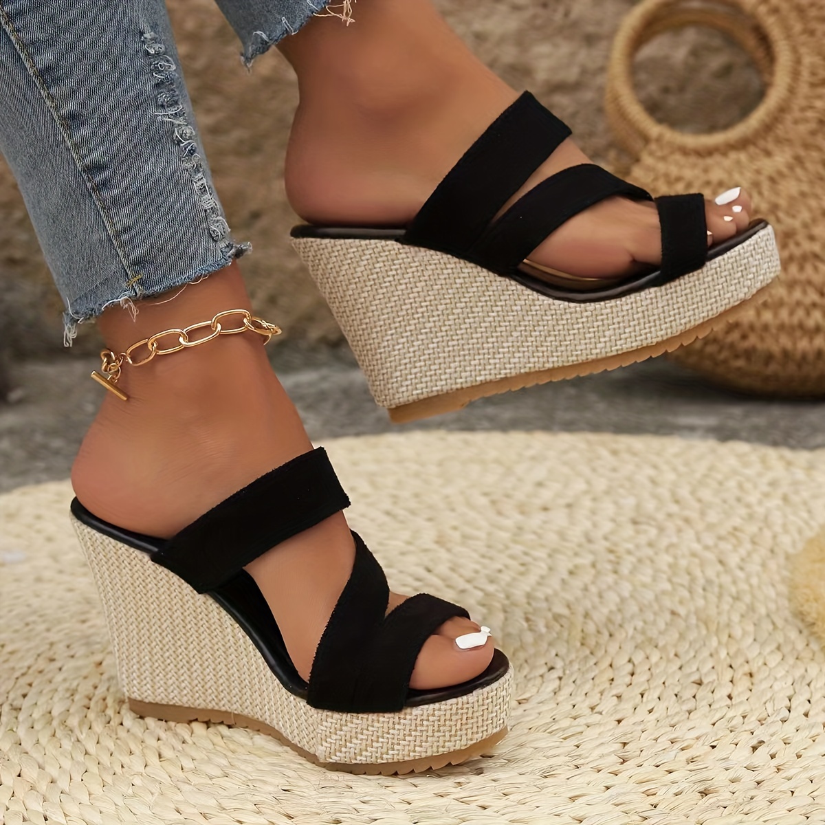 

Women's Stylish Platform Wedge Sandals, Elegant Summer Footwear With Textured Heel, Casual Open Toe Design