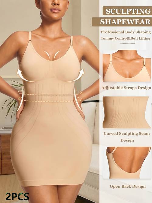 item picture 2pcs vvl womens adjustable backless sleeveless tummy control bodysuit with lifter soft breathable short shapewear dress suitable for daily wear wedding postpartum year round body shaper