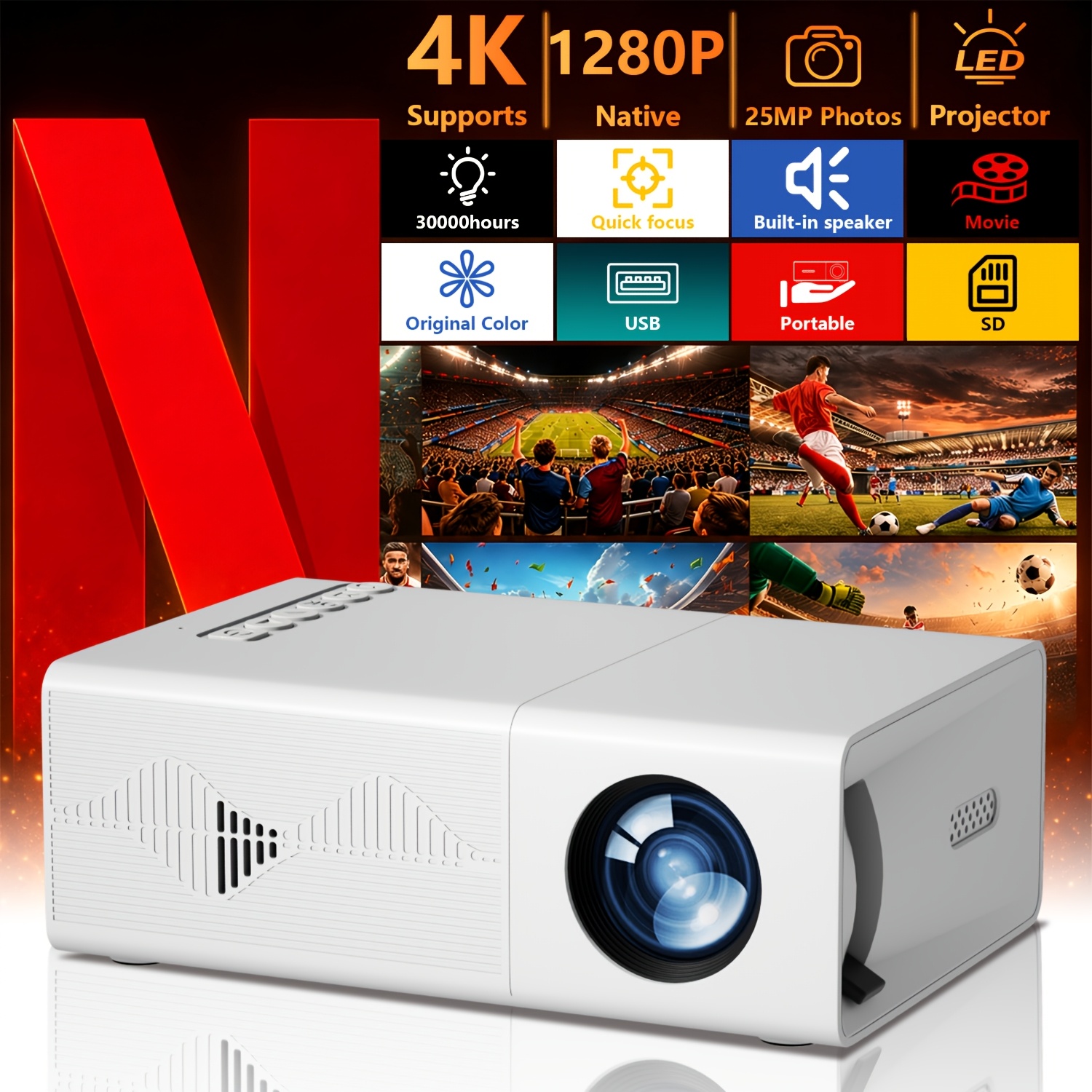 Portable Mini Projector, Supporting 4k Hd Projector, Local 1280p Resolution 25mp Pixels, 120 , Compatible With Usb/tv Stick/pc/mobile Phone, Suitable For Home Theater/office/holiday Gifts