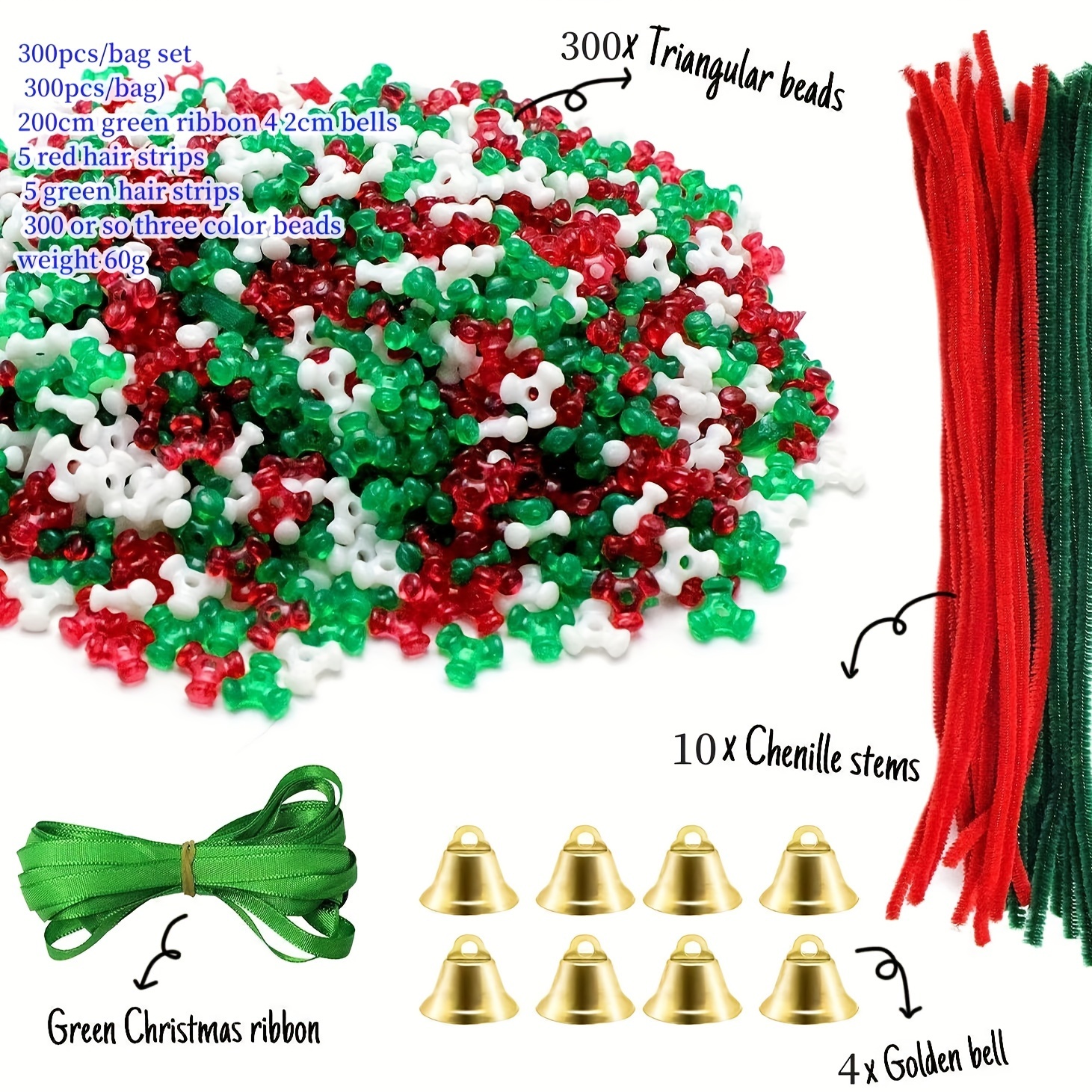 300pcs Christmas Bead Kit - Diy Wreath & Tree Ornament Set With Jingle Bells, Plastic Holiday Decorations For Home