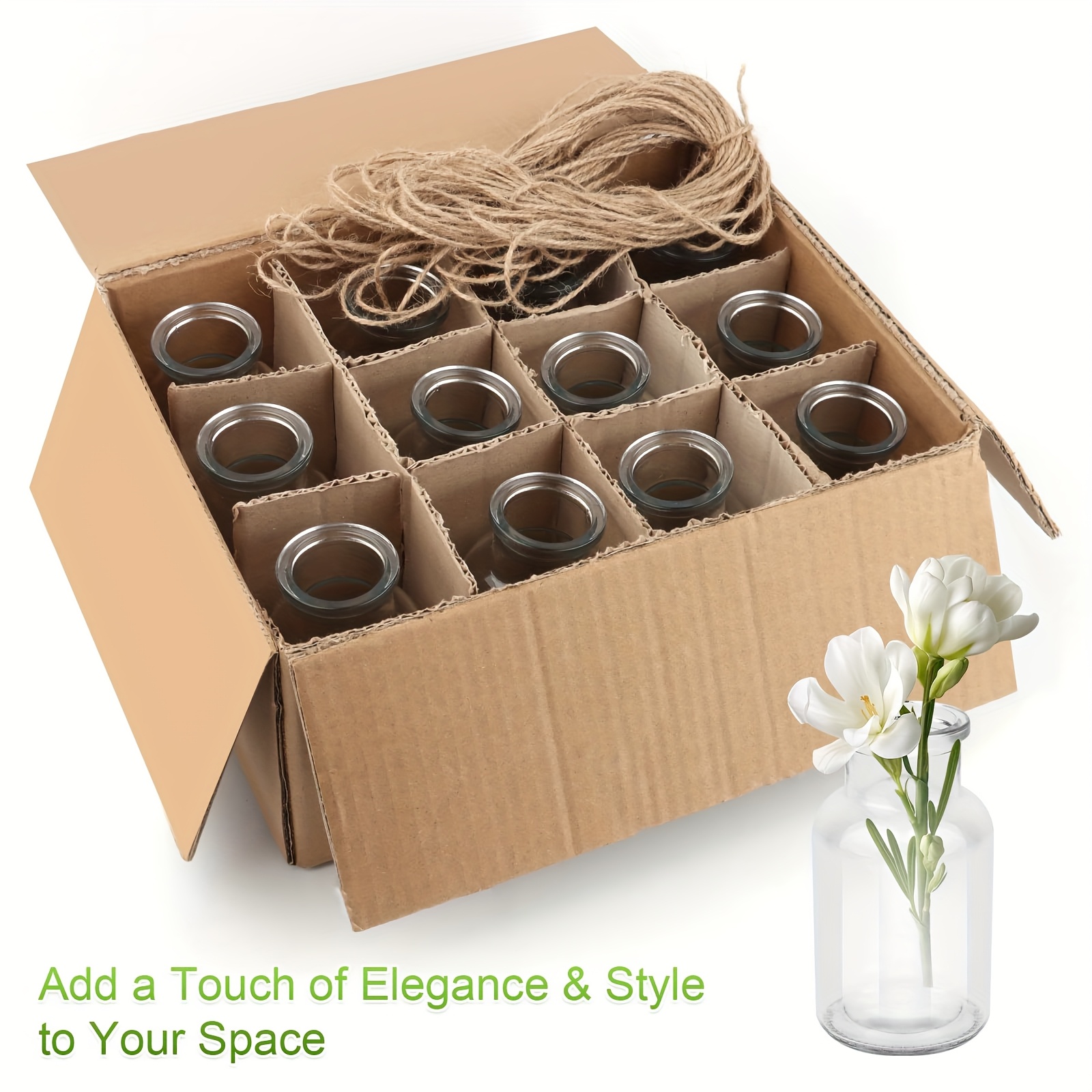 Thickened Anti-drop Glass Vases, Mini Transparent Glass Vases And Rope For Table Decoration, Wedding Decoration, Birthday Decoration, Garden Party Decoration. Paper Box Packaging