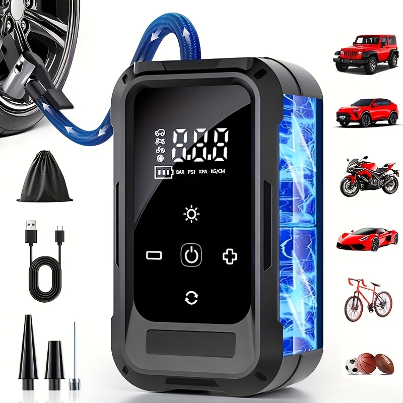 TEMU Portable Air Compressor Inflator, Handheld 150psi Smart Digital Display Automatic Air Pump, Emergency Led Light Display Screen, Easy-to-operate