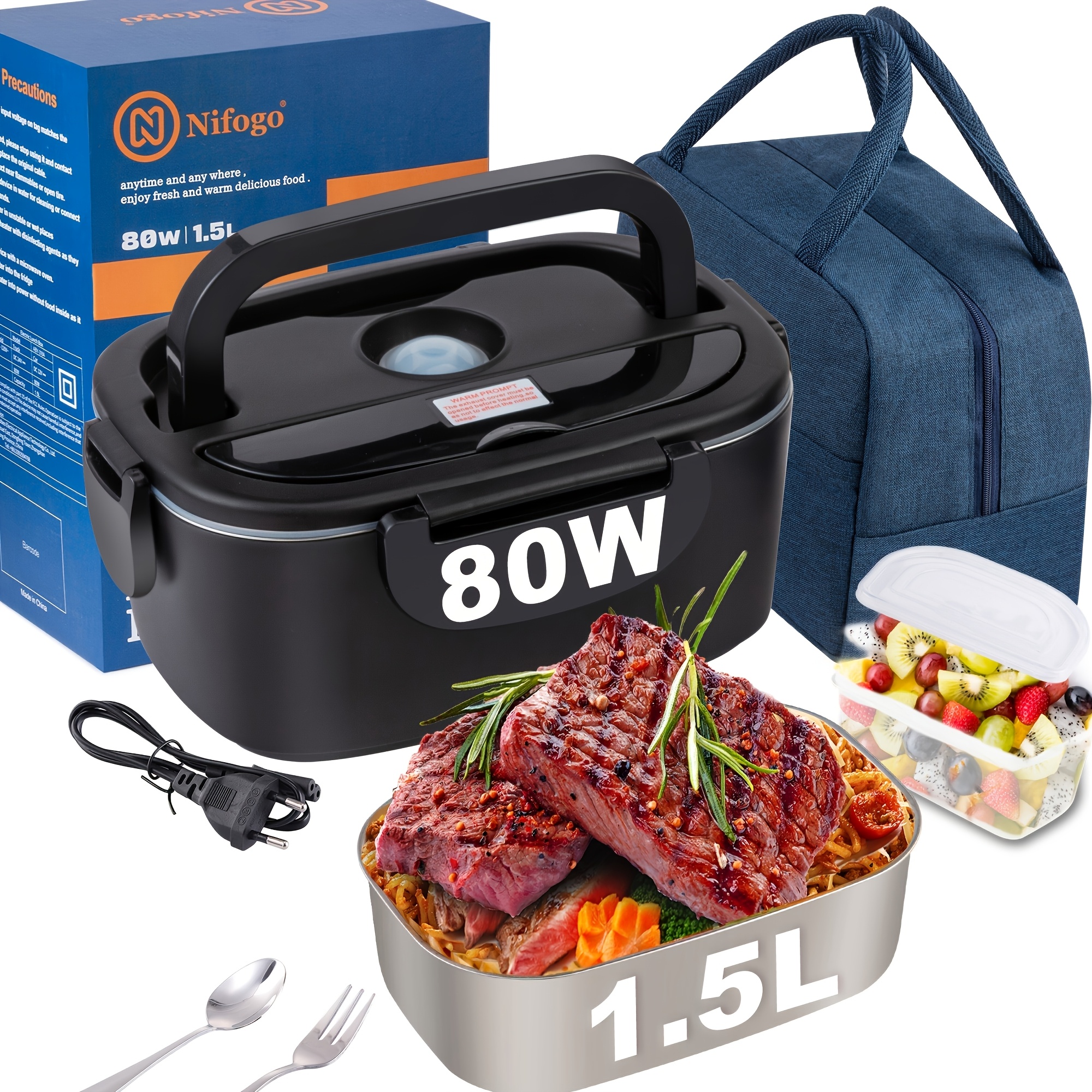 Image of 80w Adjustable Temperature Car Heating Lunch Box, 1.5l Capacity Adult Portable Heating Lunch Box, With Insulated Bag And A Set Of Tableware, Suitable For Outdoor Carrying Heating, Truck Car