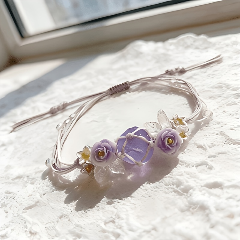 Purple Camellia Handwoven Crystal Bracelet