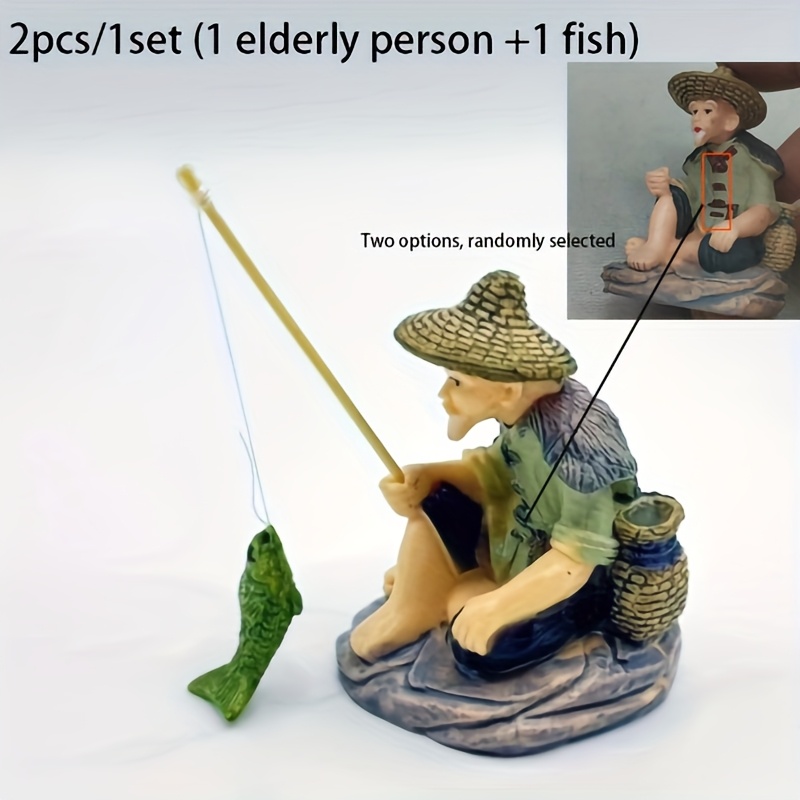 E-shop 2 Stück/1 Set (1 alter Mann + 1 kleiner Fisch) Große Aquarium Dekoration Harz Figur Ornament, Große Jiang Dekoration, Szenen-Requisite des alten