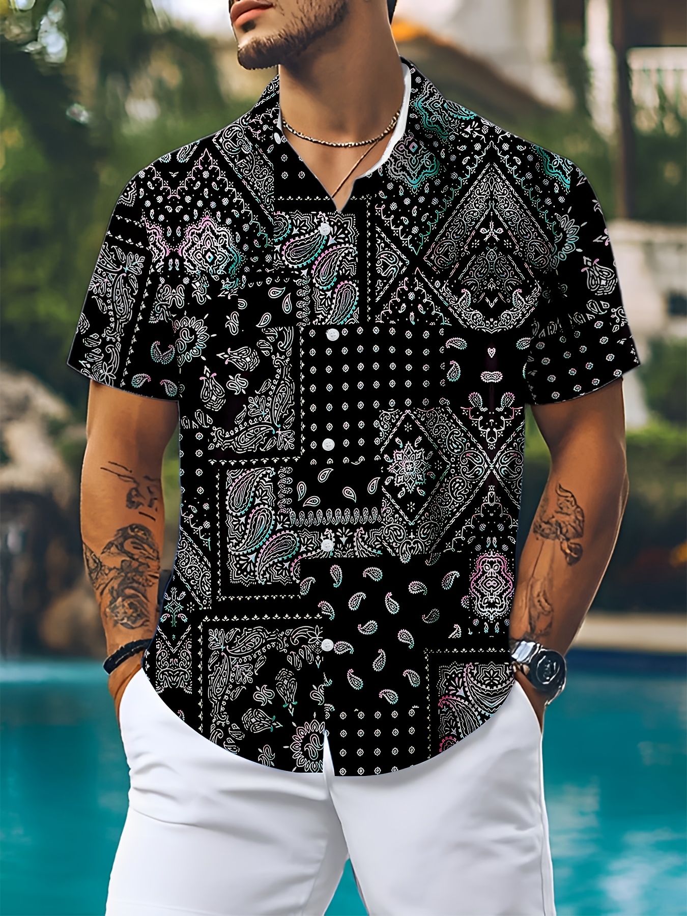 mens tropical floral print short sleeve button shirt casual Temu