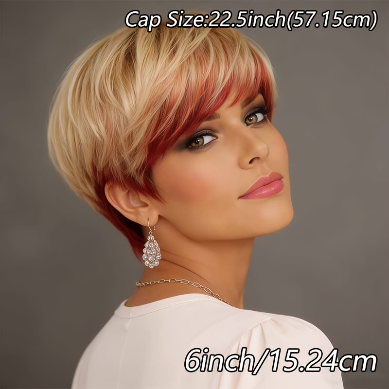 Image of A Glueless Human Hair Wig With Short Hair, Designed For , Featuring A Blonde Cut And Red Bangs. This Straight Wig Has 150% Density And With A For Added Volume, Perfect For Themed Events