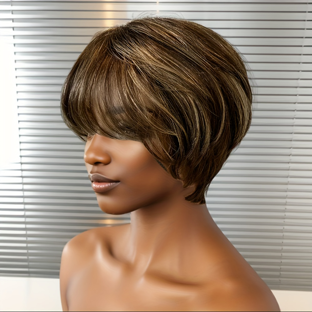 TEMU Chic 4-inch Cut Wig With Bangs For Women - Straight Human Hair, Full Machine Made, 150% Density, Dark Brown With Highlights, , , Versatile Hairstyle | Chic Cut | Full Wig
