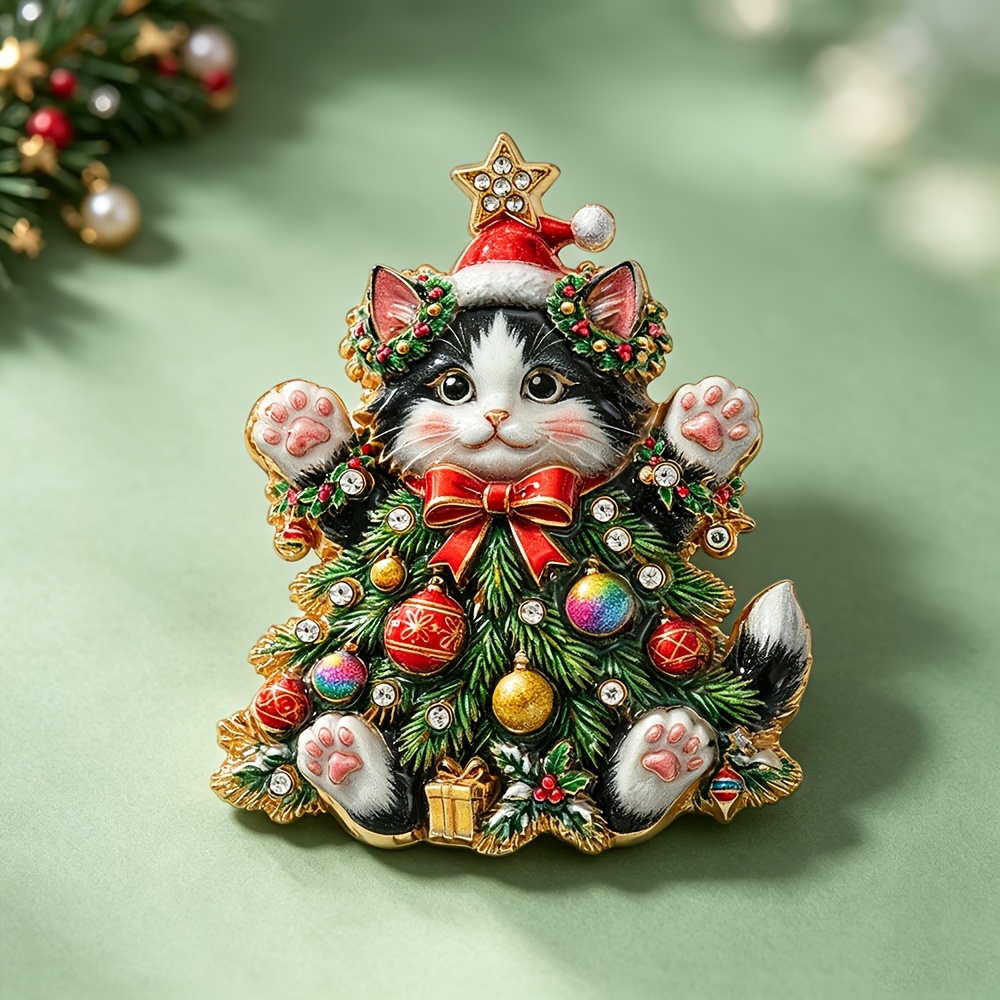 TEMU Christmas Wreath Cat Enamel Brooch, Christmas Tree Ornament Ball- Cute Cat Pin, Suitable For Suits, Coats, And Hats, Holiday Gift For Christmas