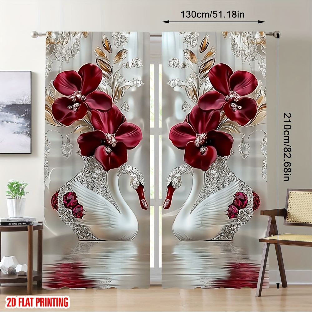 TEMU 2D Flat - 2D Flat - 2er-Set eleganter Vorhänge mit stilvollem Blumen- und Schwanenmuster, für verschiedene Räume wie Schlafzimmer, Badezimmer,
