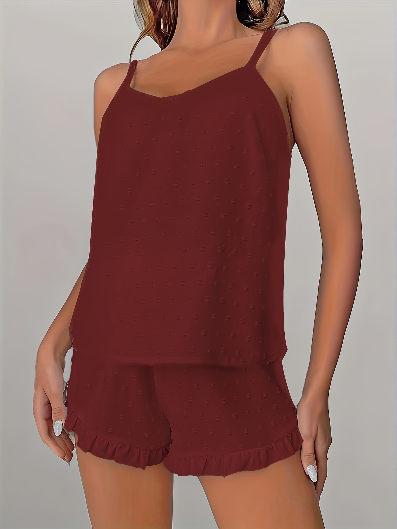 Women'S Plus Size Lace Trim Cami Pajama Set - Soft Polyester, Solid Color, Ruffled Detail, Comfortable Sleepwear for Spring/Summer/Fall, Relaxed Fit Pajamas | Ruffled Detail Clothing | Smooth Texture Fabric