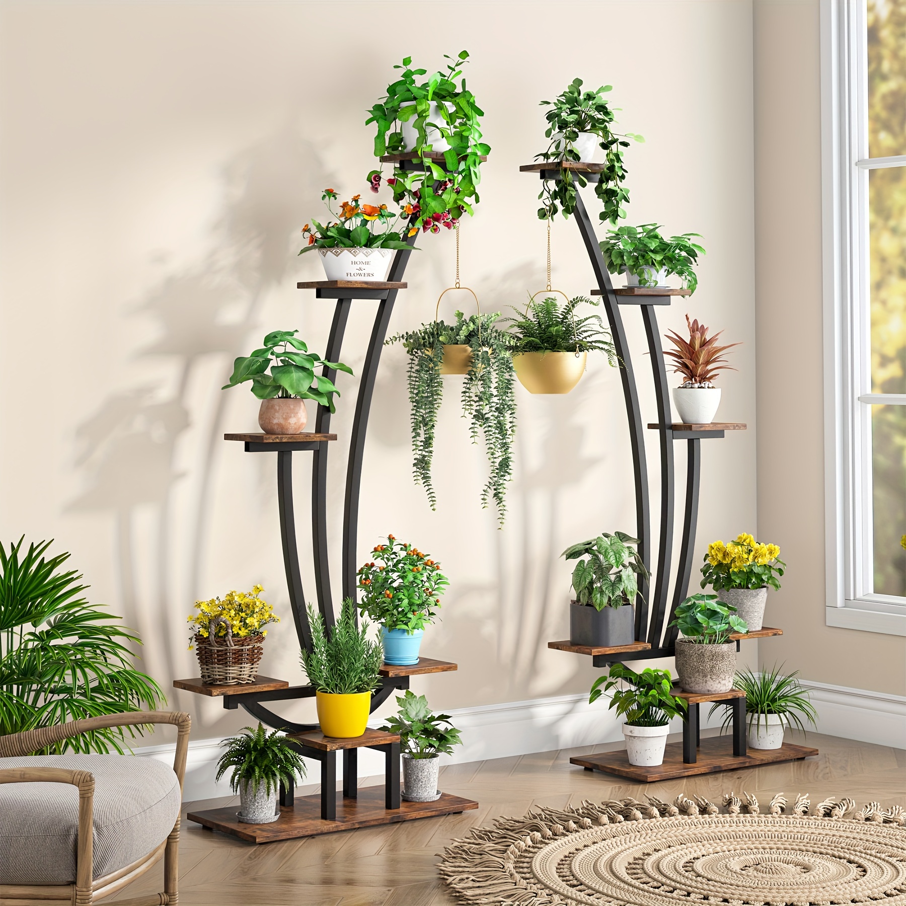 

Little Tree Indoor 6-tier Tall Plant Stand Pack Of 2, Multi-purpose Bonsai Flower Pots Plant Shelf, Metal Curved Display Rack With 2 Hanging Hooks For Garden, Balcony, Living Room