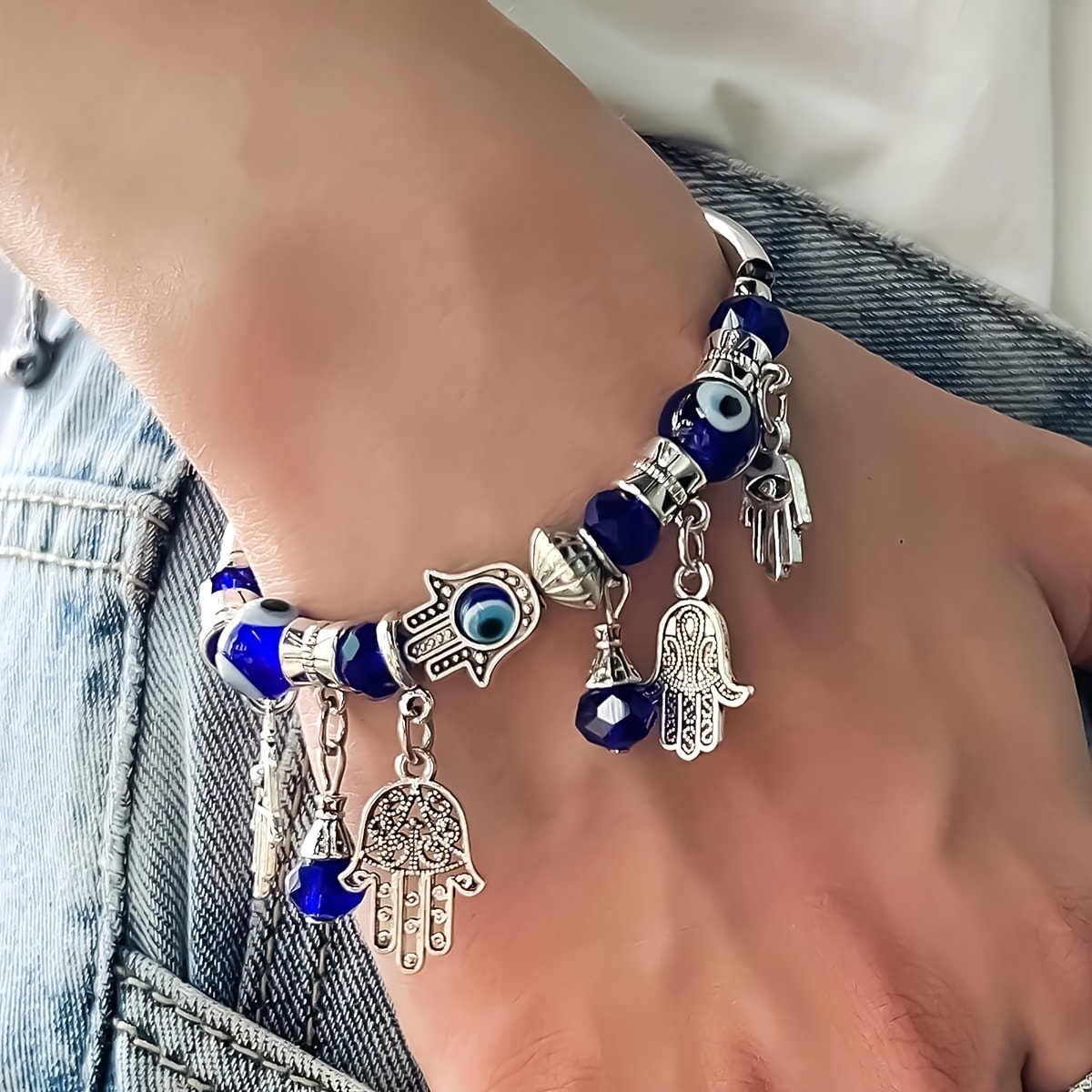 

Bohemian Vintage-inspired Blue Evil Eye And Hamsa Hand Charm Bracelet, Alloy No-plating, Fashionable Design Crystal Beaded Personalized Bangle For Daily Wear - All Seasons