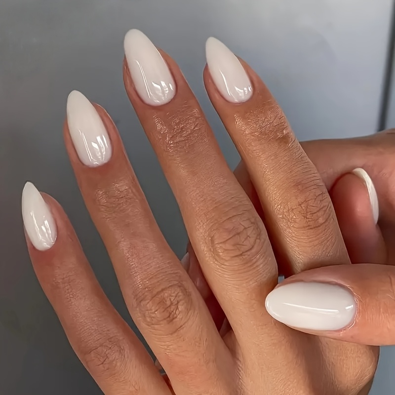 TEMU 30 Pezzi Unghie Finte a Mandorla - Latte Lucido con Colla Jelly e Lima, Unghie Artificiali Riutilizzabili per Look Casual o Speciali, Materiale
