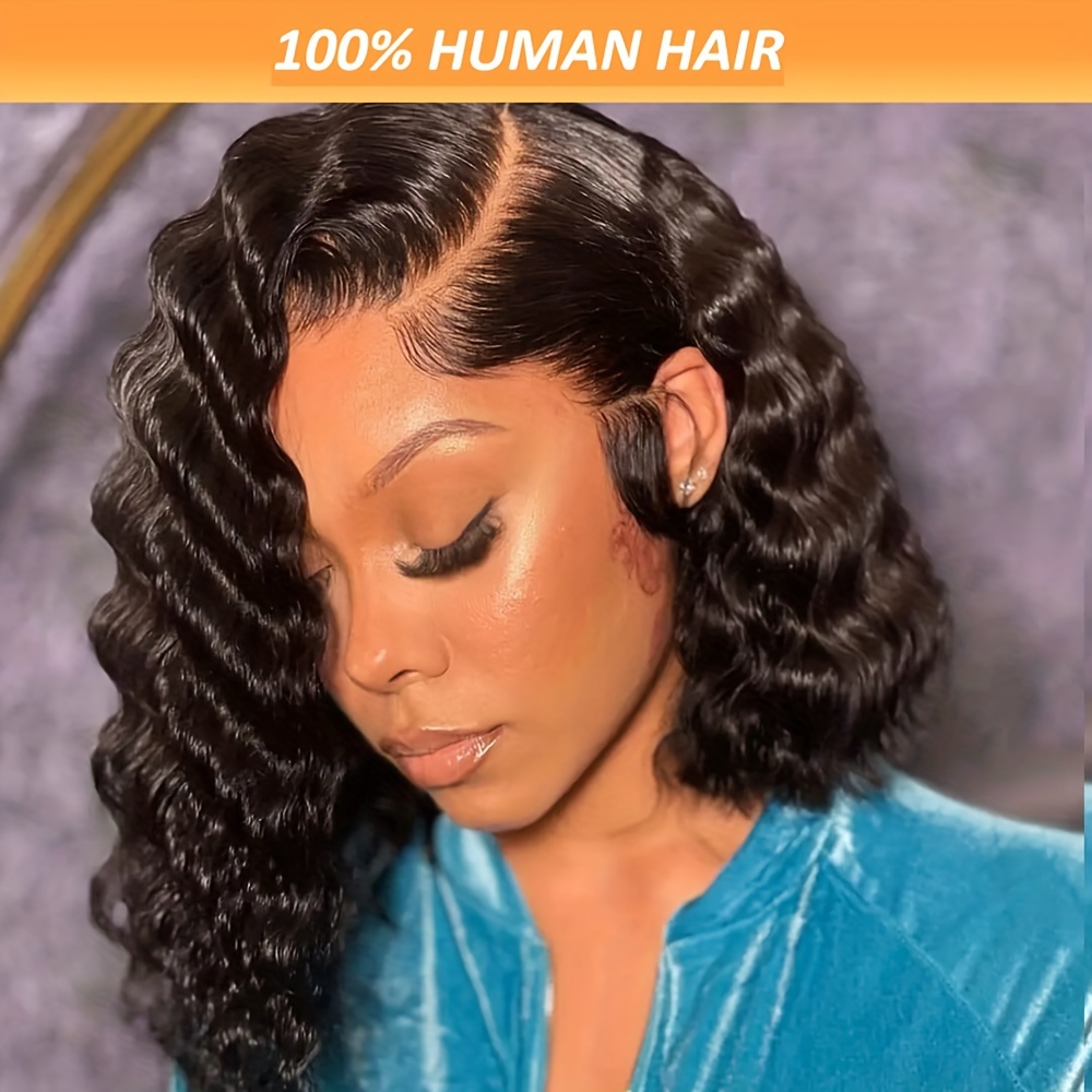 

180% Density Deep Wave Bob Wigs 13x4 Lace Frontal Human Hair Wigs Natural Hairline Pre Plucked Free Part Brazilian Remy Human Hair Curly Wigs