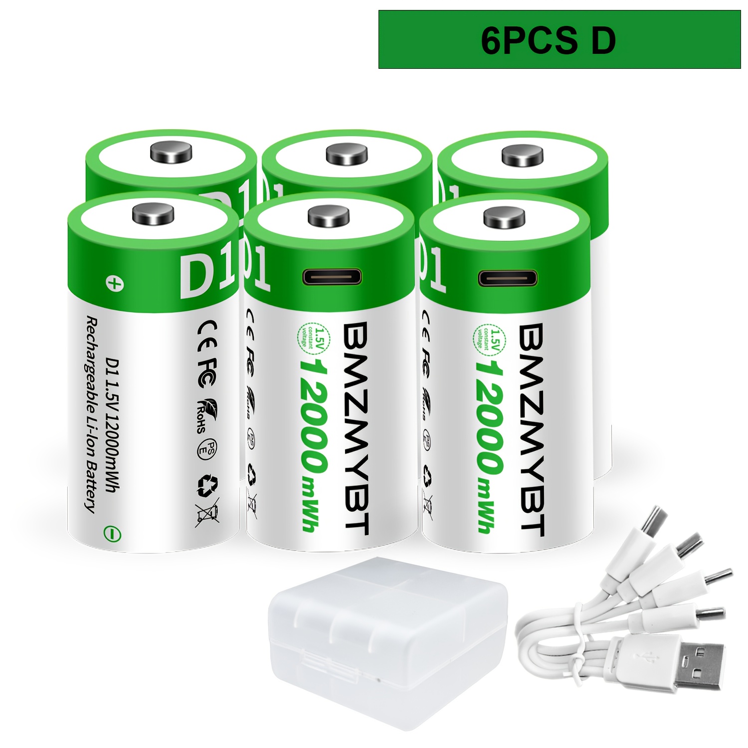 TEMU 6pcs D Battery D Batteries, Usb/type-c D Rechargeable Lithium , High Capacity 1.5v 8000mah 12000mwh Rechargeable Lithium Battery, 3 Hours Fast