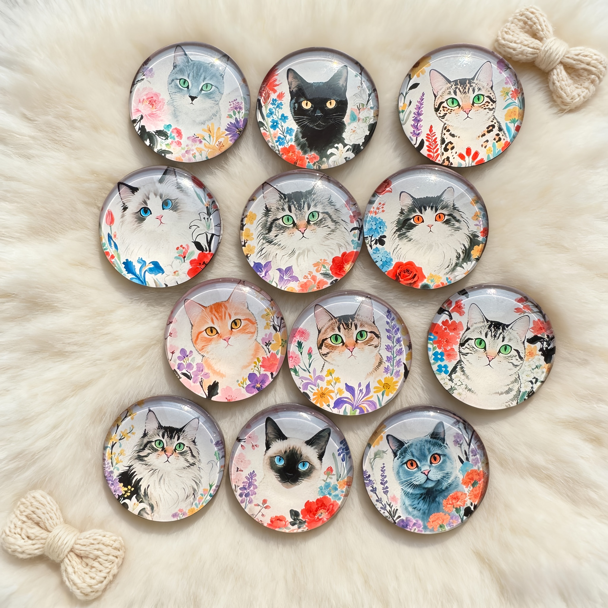 TEMU Ink Painting Cute Cat And Flower Pattern Refrigerator Magnet Glass Soft Magnet Refrigerator Magnet Patch 12pcs Per Pack