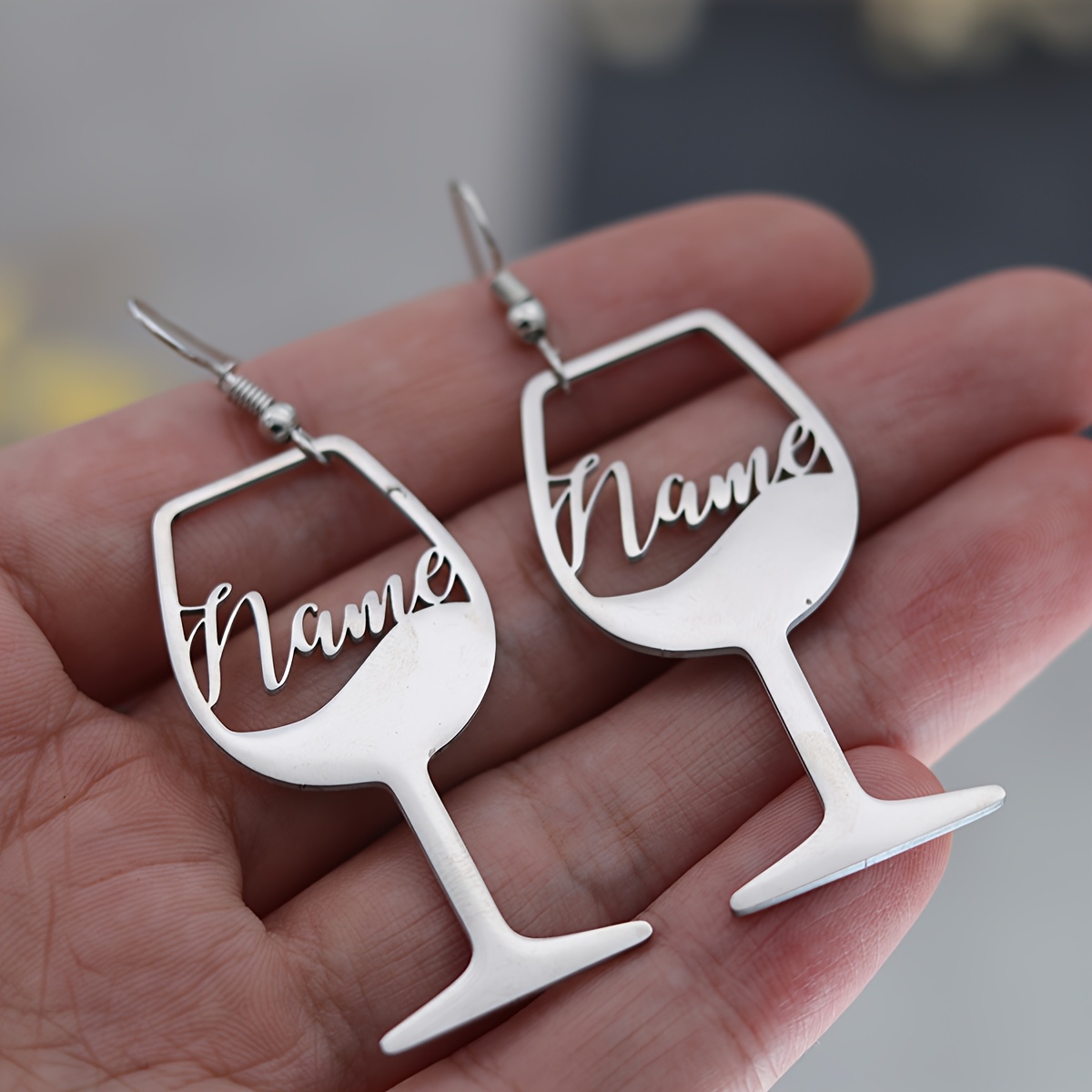 Image of Customized Name Cup Earrings, Stainless Steel Stud Earrings With Easy Design Pendant, Fashion Gift For Women Holiday Wear
