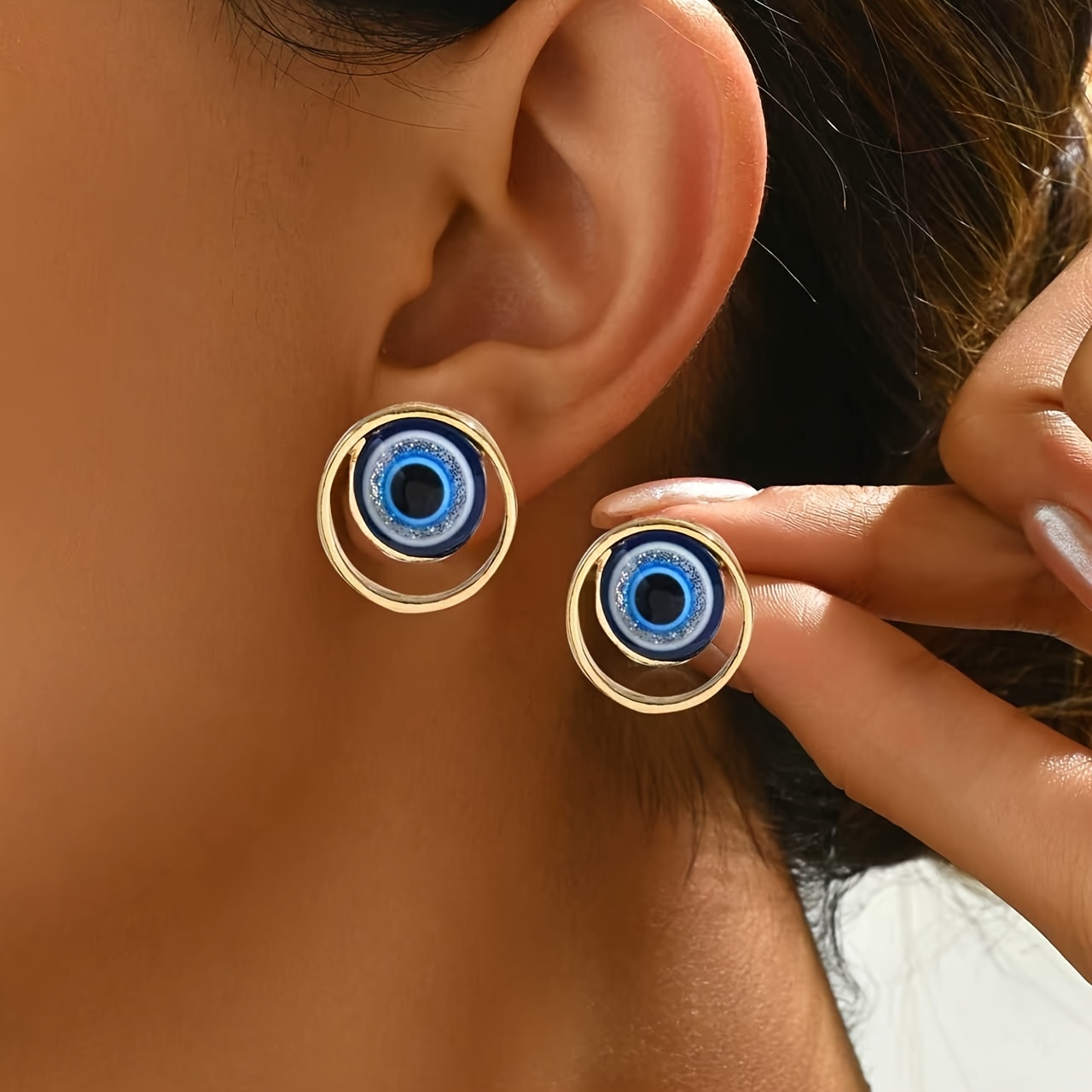 TEMU 1 Paire de Boucles d'Oreilles à Clous Tendance Femme, Boucles d'Oreilles Rétro Faciles Yeux Double Anneau, Tenue Printemps Été Automne Hiver,