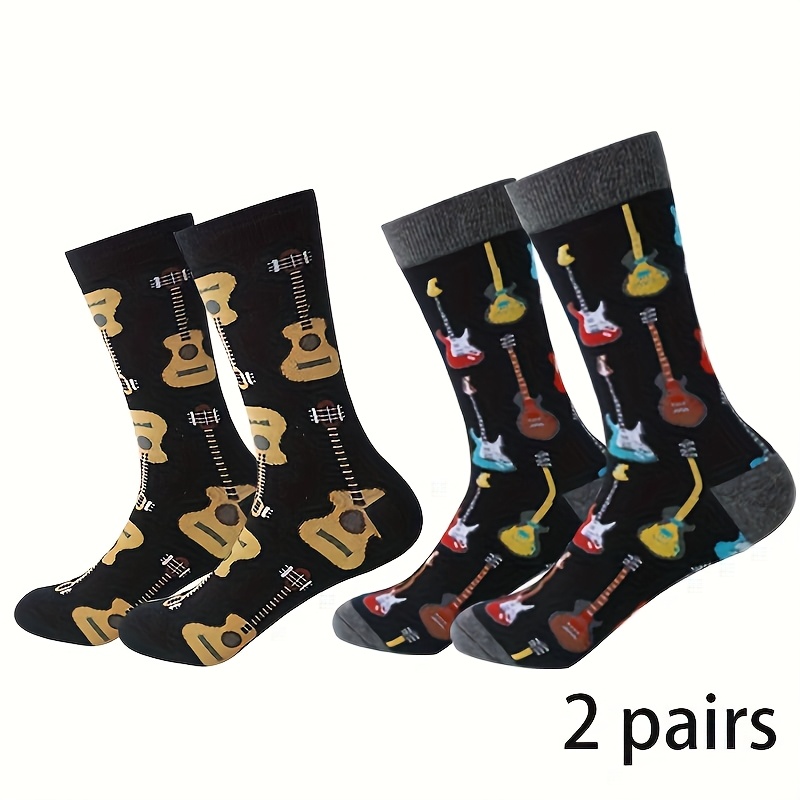 

2 Paires de chaussettes de couple imprimées guitare, 97% polyester 3% spandex, tissu tricoté, 280g/m², lavage à /, chaussettes de cheville décontractées unisexes