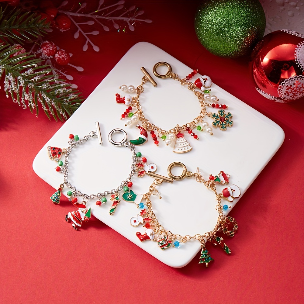 

3pcs Christmas Snowflake Shape Pendant Link Chain Bracelet Set Festival Charm Bracelet Alloy Oil Dripping Pendant Bracelet Delicate Chain Bracelet With Ot Buckle Gift For Women And Girls