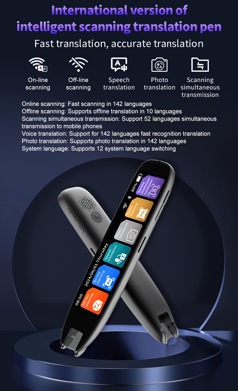 Vertimo rašiklis su OCR teksto skenavimu, USB įkrovimu, 142 kalbų palaikymu, tekstas į kalbą, Wi-Fi funkcija, litių polimerinė baterija, kalbų mokiniams, verslui, kelionėms - įkroviklis nėra įtrauktas