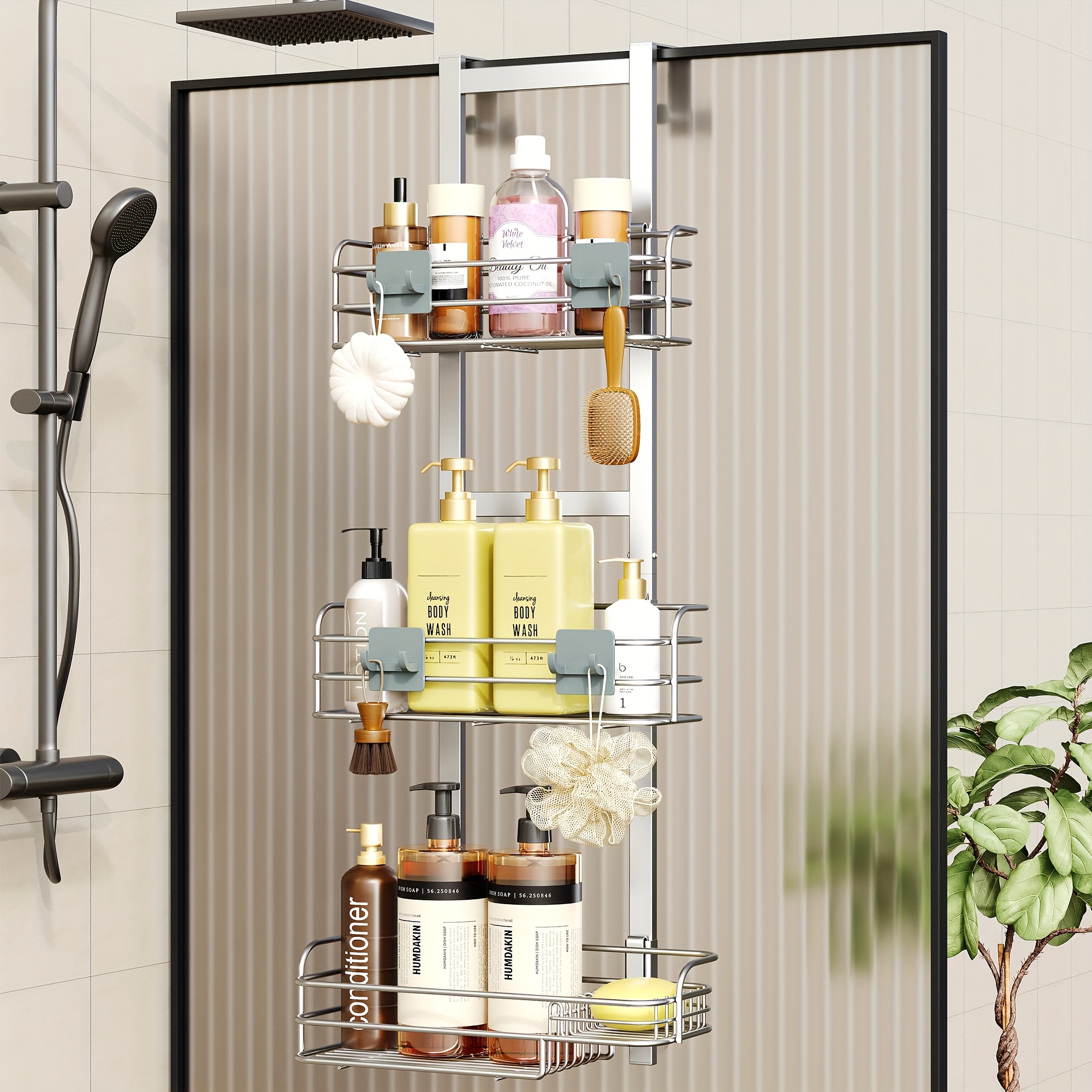 Extra Large Wall-mounted Shower Caddy For The Bathroom, Designed To The Door. It Features Spacious Baskets For Shampoo Bottles And Includes A Soap Holder, All Without The Need For Drilling, Shelves
