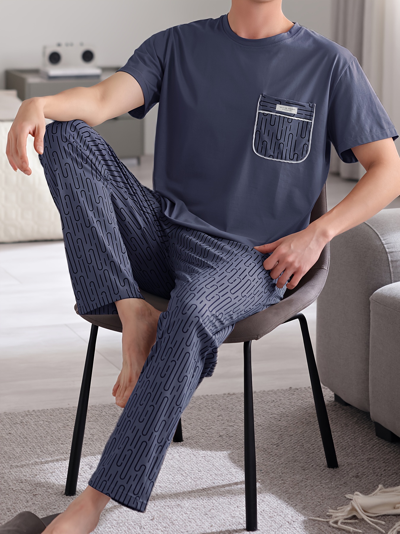 Easy Care, Men's Summer Cotton Pajama Set - Casual Short Sleeve & Long Pants, Breathable Lightweight Sleepwear with Pockets