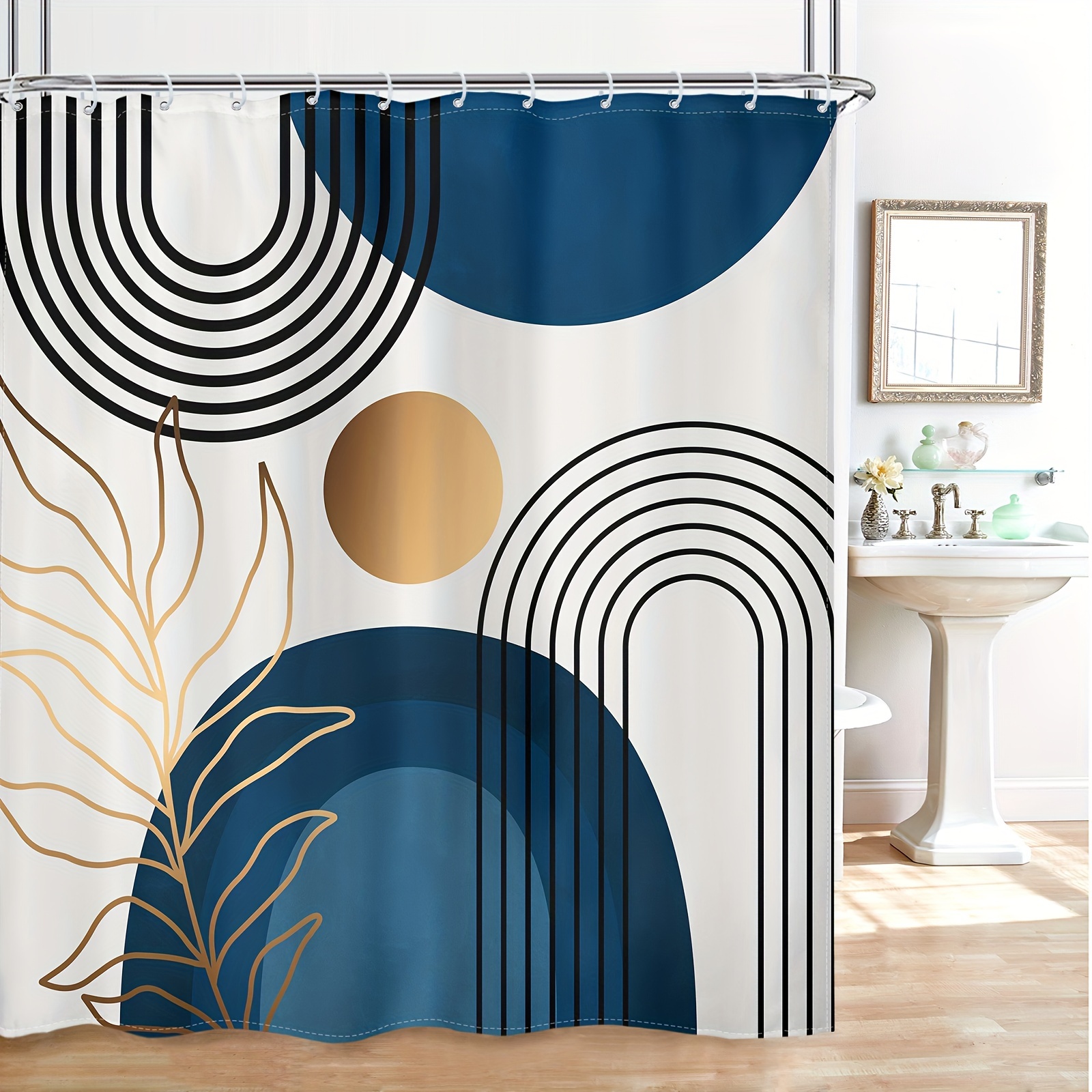 

1pc Blue Bohemian Arch Pattern Shower Curtain, Waterproof Decorative Bath Curtain, Bathroom Partition Curtain With Hooks, Home Bathroom Decor