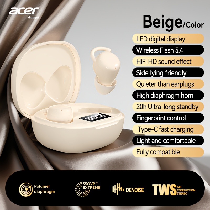 Acer Ohr557 Wireless Earbuds, Wireless Headphones With Deep Noise Canceling, Side Lying Friendly, Audio, 20h Playtime, Type-c Charge, Comfortable Earbuds For Sleep, Workout