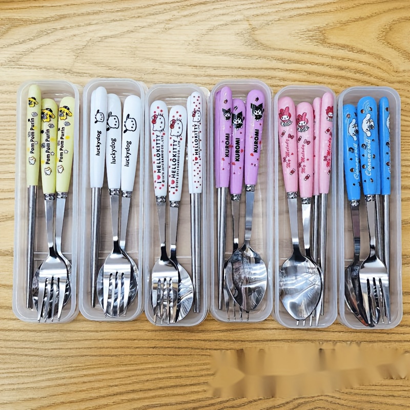 

3pcs/set Hello Kitty Stainless Steel Portable Tableware, Hello Kitty Kuromi Melody Pochacco Cinnamoroll Cute Fork Spoon Chopsticks Set Gift Box, For Home, Party And Outdoor Supplies