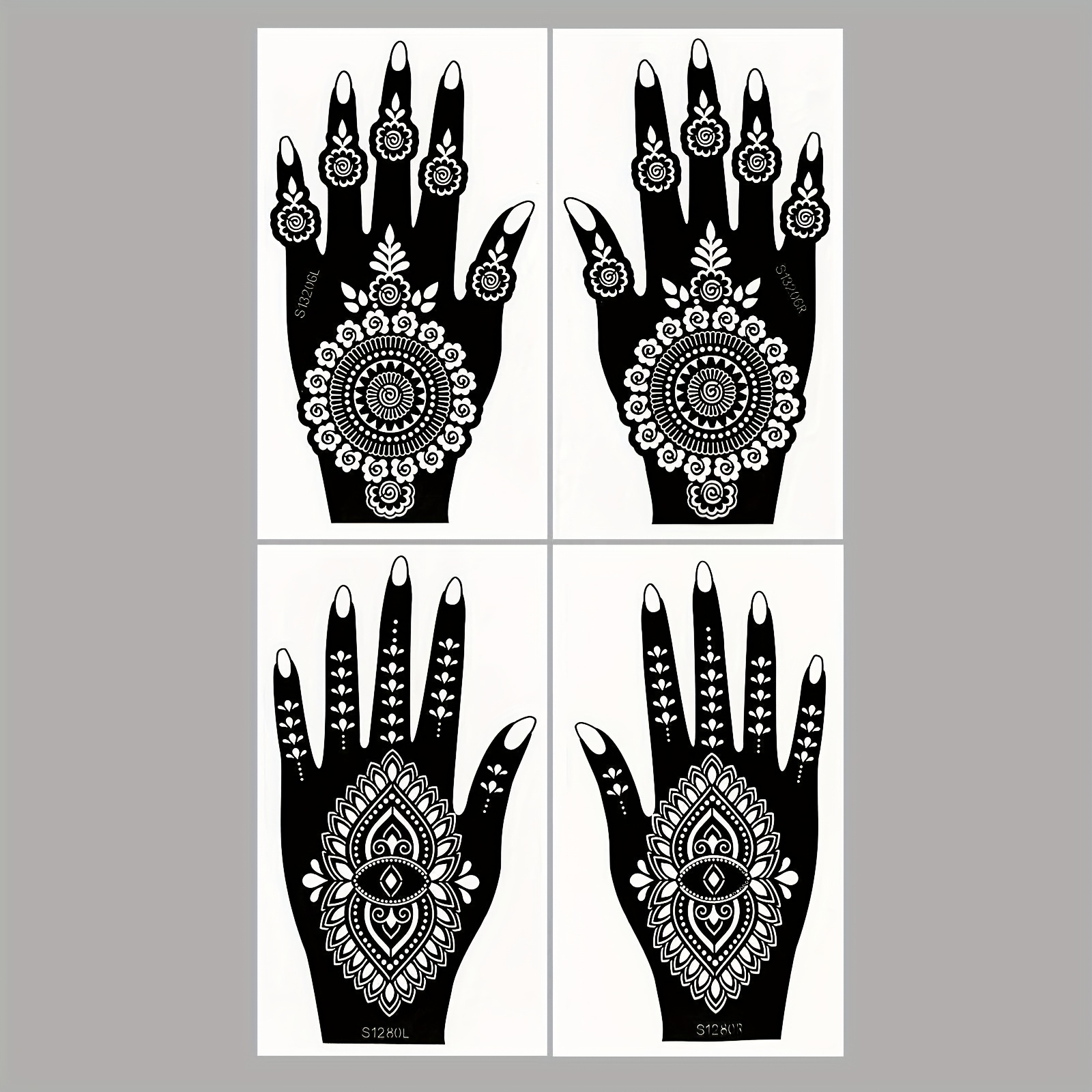 TEMU 4 Sheets Of Hand Flower Nail Tattoo Stencil Stickers, Hollow Stencil Stickers For Hand Body Art Painting, Reusable Tattoo Templates For Party