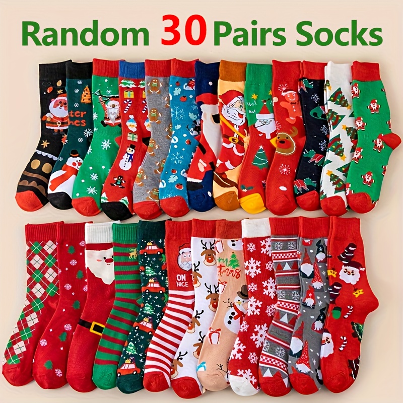 Image of 30 Pairs Of Random Pattern Christmas Socks Fun Reindeer Snowflakes Santa Claus Christmas Tree Gingerbread Reindeer Warm Socks Cartoon Pattern Christmas Gift For Men And Women