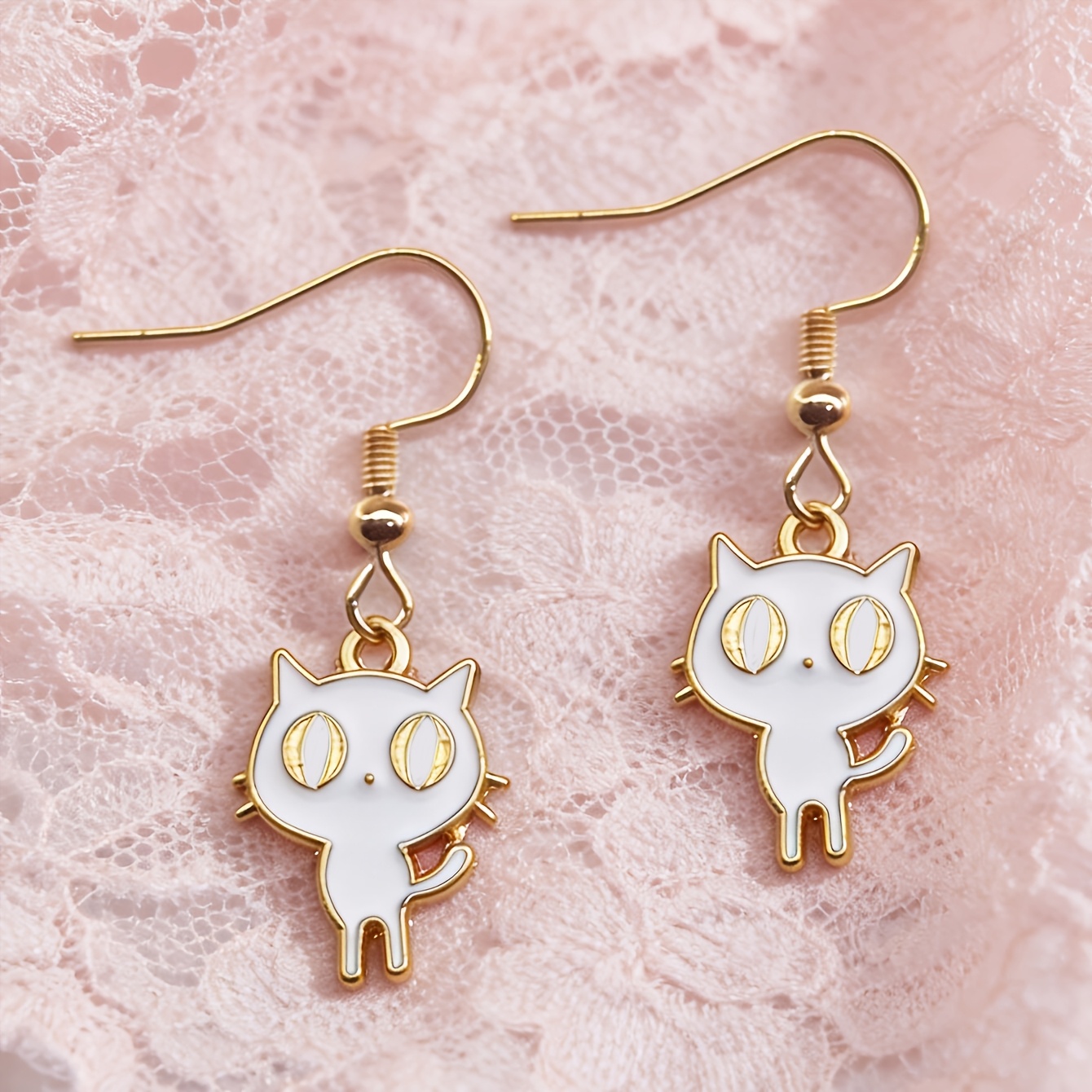 Kitten with Golden Ear Hooks Earrings — Suitable for Daily Wear