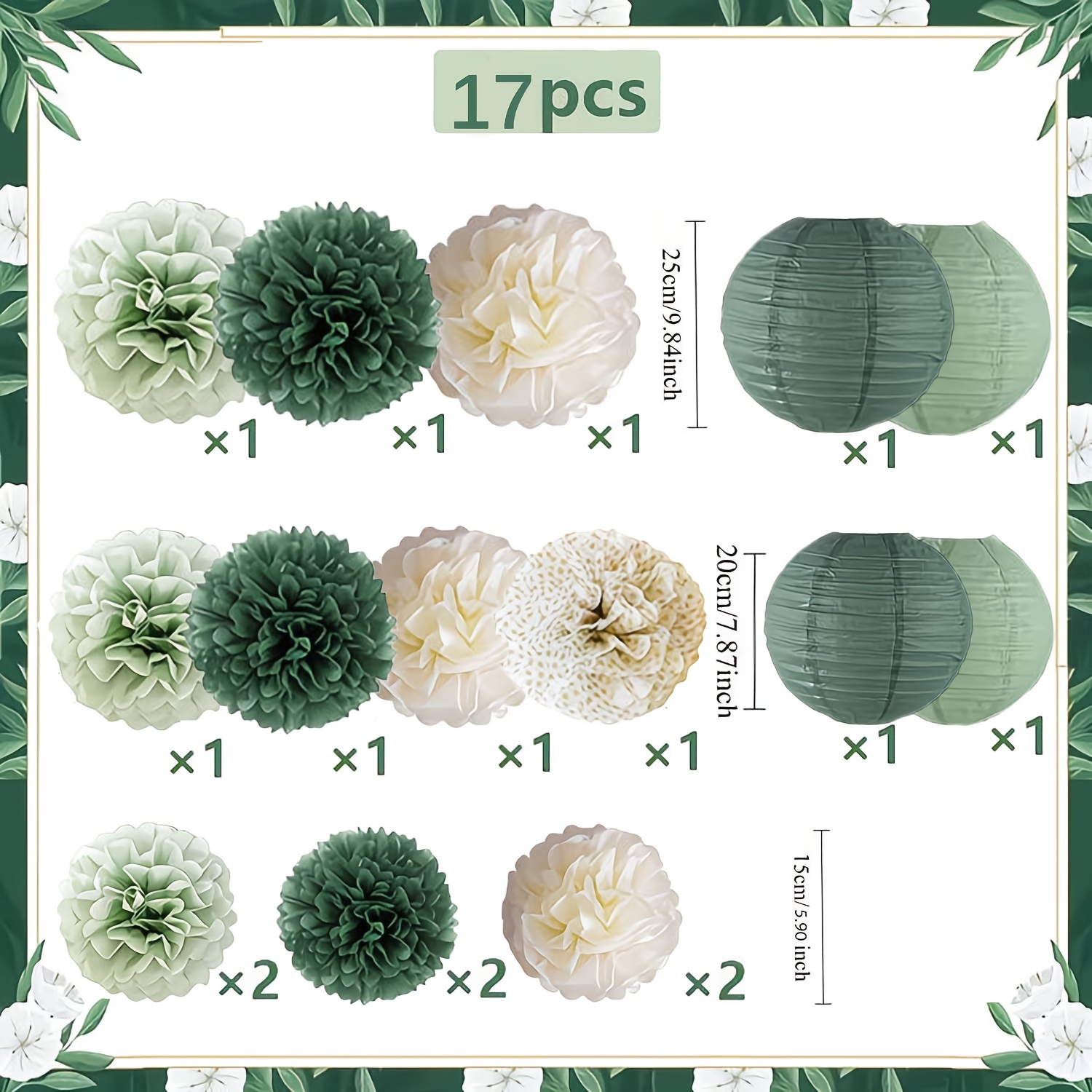 TEMU Ensemble de lanternes en papier boule de fleurs, série vert sauge, 17 pièces, , décoration pour plafond, bulles florales élégantes, idéal pour ,