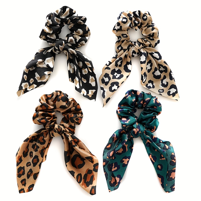 Image of 4pcs, Retro Elegant Leopard Print Hair Ring Set, Elastic, Hair Care, Non-hair Loss, Fluffy Low Ponytail, Suitable For Women And