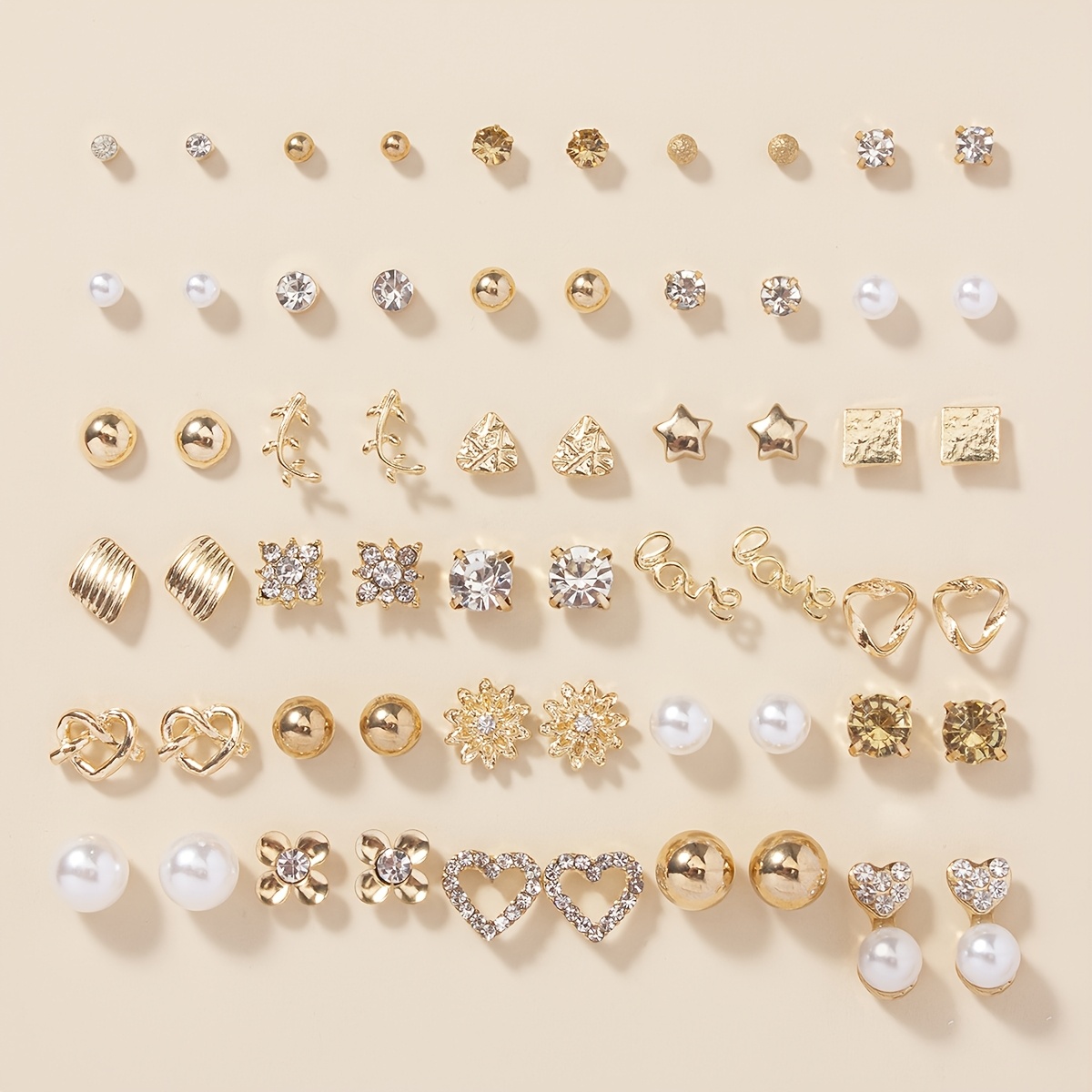 Image of A Set Of 30 Pairs Of Simple Letter Heart-shaped Craft Flowers Square Star Cute Women's Stud Earrings For Daily Wear And Vacation