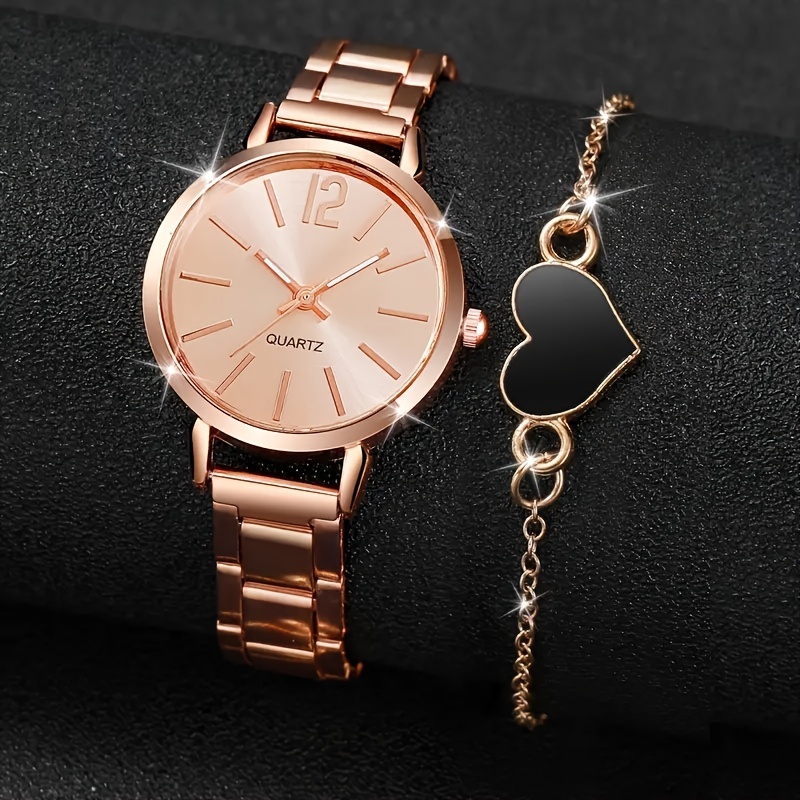 2pcs womens rose golden quartz watch analog   wrist watch with heart bracelet ideal choice for gifts details 0