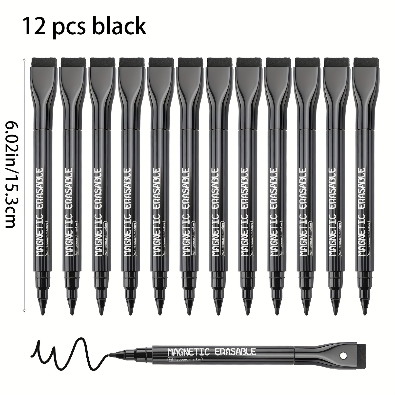 

Jefure 12-piece Fine Tip Magnetic Dry Erase Markers With Eraser Caps - Black, Ideal For Whiteboards, Calendars & Fridges