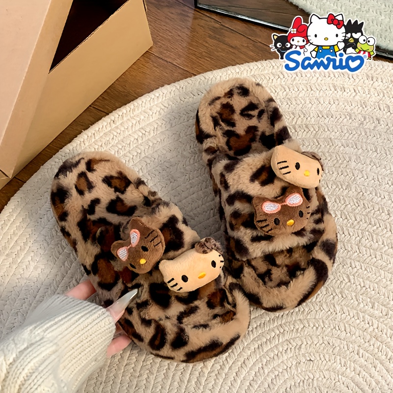 TEMU Genuine Authorization, Plush Version Of Leopard Print For Hello Kitty Slippers, Indoor Shoes, Camping Warm Thick-soled Non-slip Home Shoes, Cartoon Lightweight Soft-soled Plush Bedroom Shoes