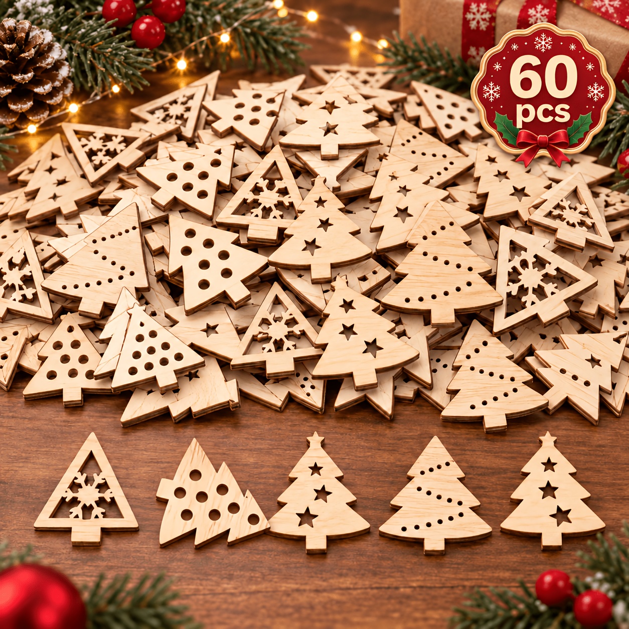 TEMU 60 adornos de madera con forma de mini árbol de Navidad, perfectos para colgar las fiestas, decoraciones de madera para reuniones familiares y