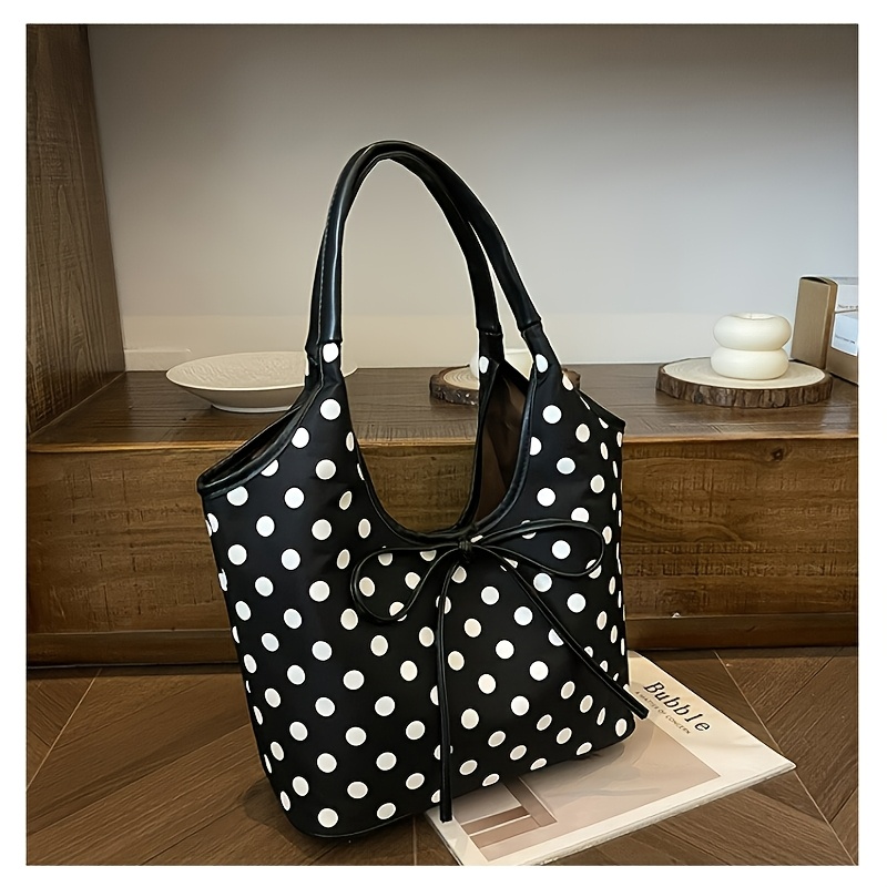 TEMU Elegant Nylon Tote Bag For Women, Polka With Bow , Foldable With Fixed Shoulder Straps, Magnetic Closure, Polyester Lining, Edge Paint, Wristlet Included - Spring 2025 Fashion Accessory