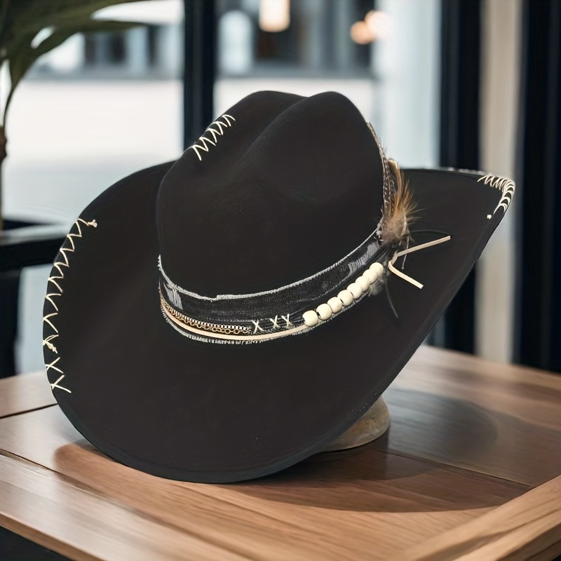 TEMU 1pc Cappello da cowboy western retr簷 - Unisex, cinturino a catena in metallo + cuciture a zig-zag, versatile per stili outdoor/feste/quotidiani