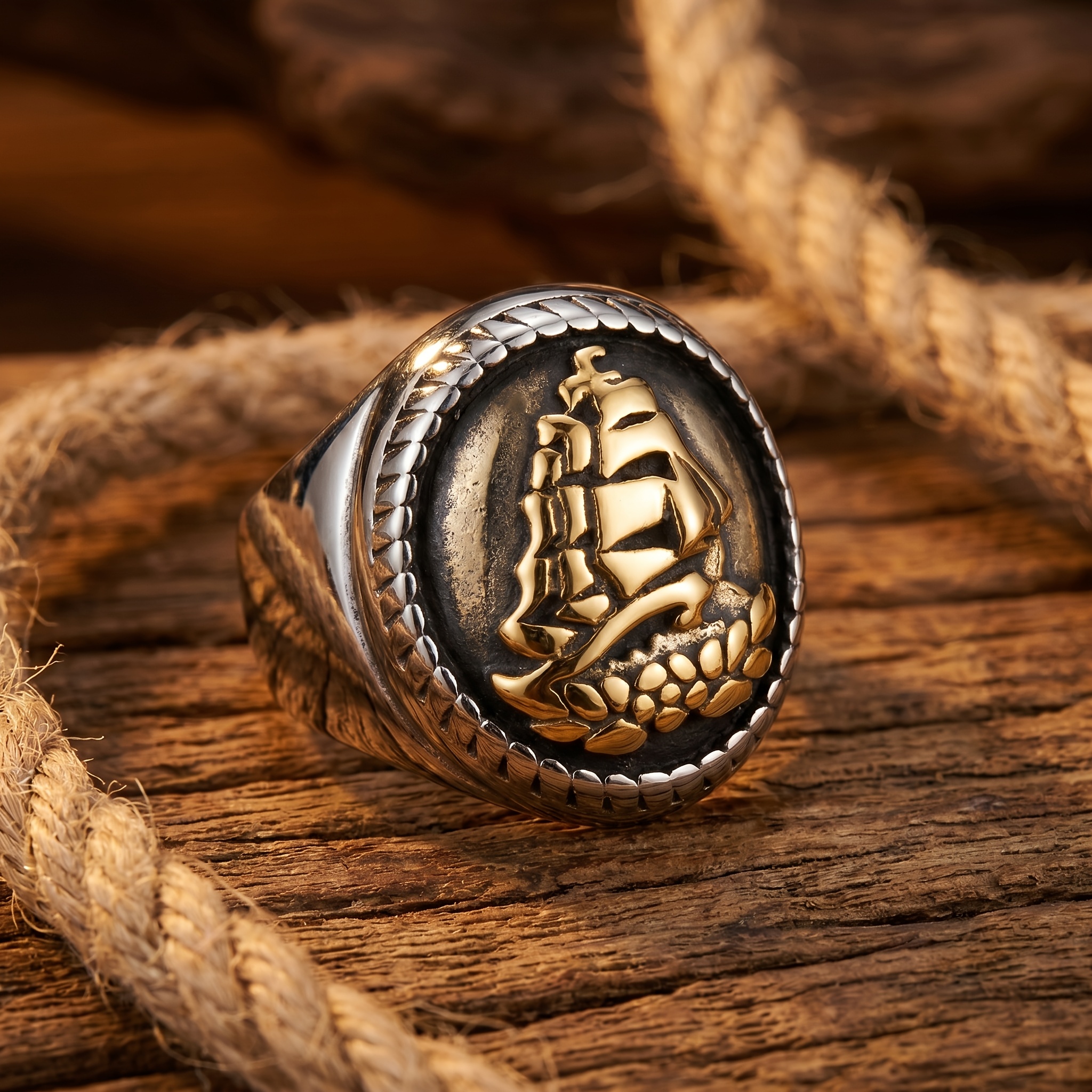 Image of 304l Stainless Steel Vintage Sailboat Embossed Closed Ring, Men's Trendy Wide Band Ring, Hardcore Street Style Accessory