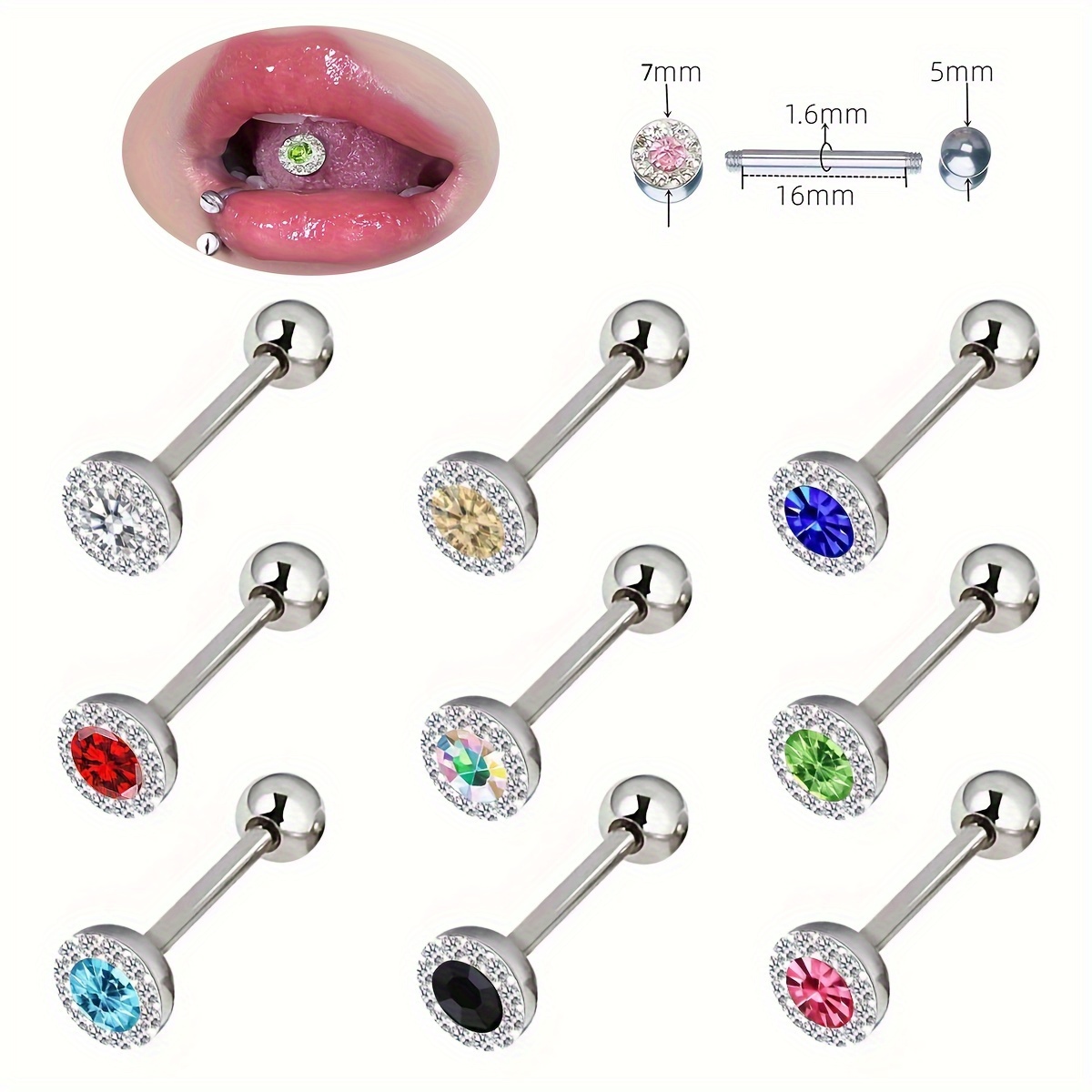TEMU 9pcs Set, , Elegant, Simple, And Stylish Unisex Tongue Stud Body Piercing Jewelry