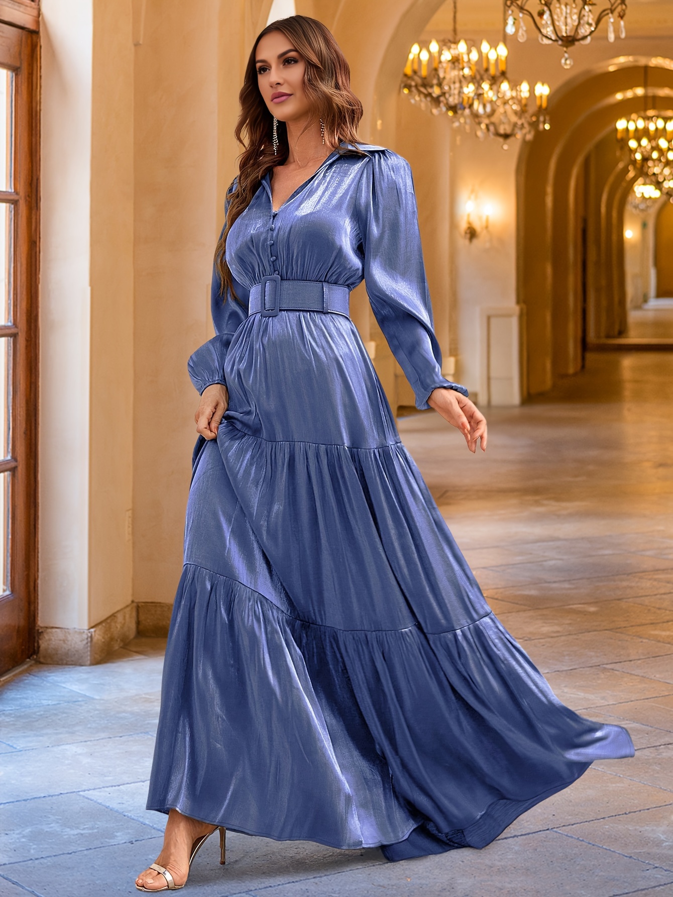 strapless open back dress SheIn |Vintage Classic Elegant Party Women's Dress, Autumn/Winter Fitted Pleated Dress, Gold Foil Coated Dress, Long Sleeve Dress, V-Neck Dress New main image 0