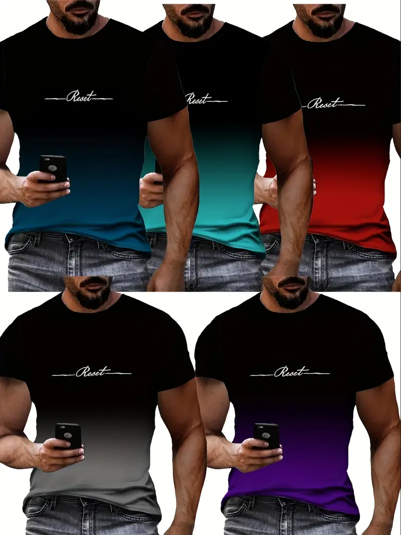 5pcs mens gradient print t shirt set casual crew neck short sleeve tees for summer outdoor wear details 1